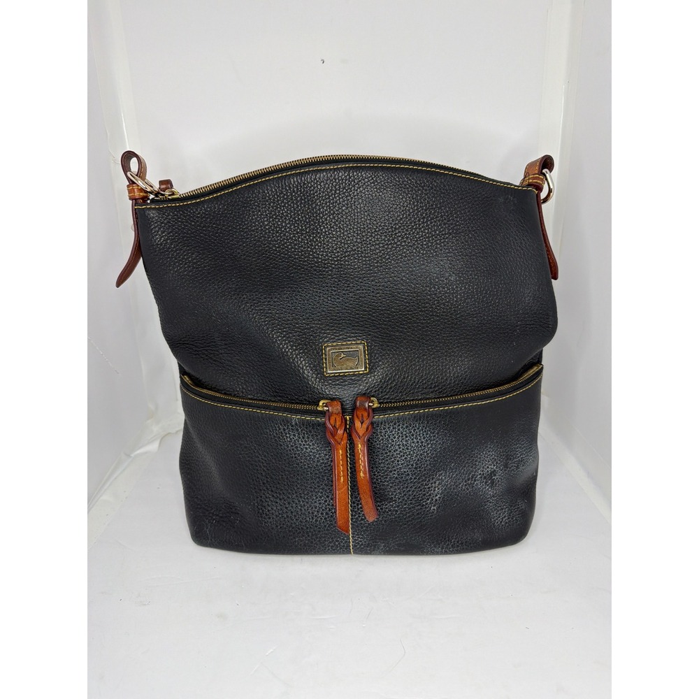 Dooney & Bourke Black Pebbled Leather Hobo Bag Brown Trim Duck Logo